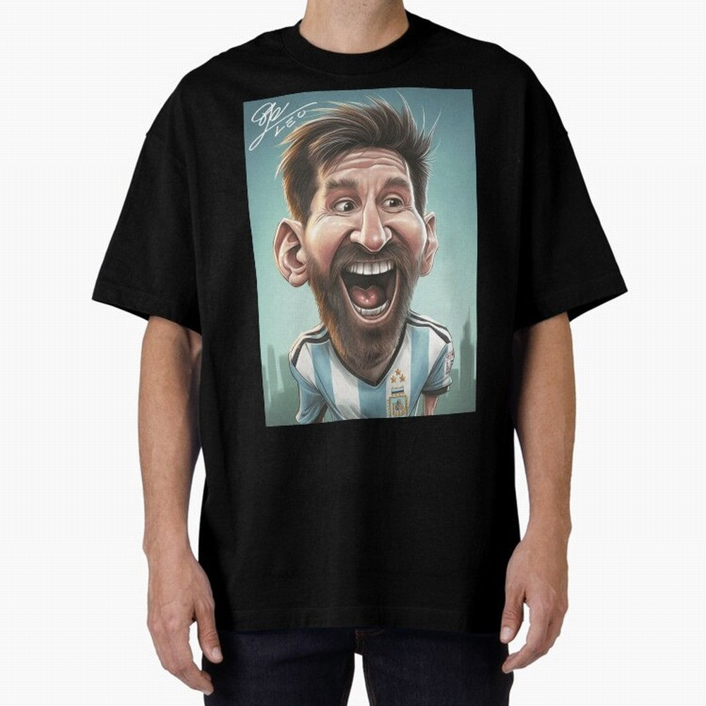 Lionel Messi Caricature Art with Autograph Oversized T-Shirt Celebrate Golden Goal Energy in FIFA World Cup 2026 USA Canada Mexico Capturing Cristiano Ronaldo, Haaland and CR7, Argentina, France and Brazil Energy, Match Day Excitement, Supporter