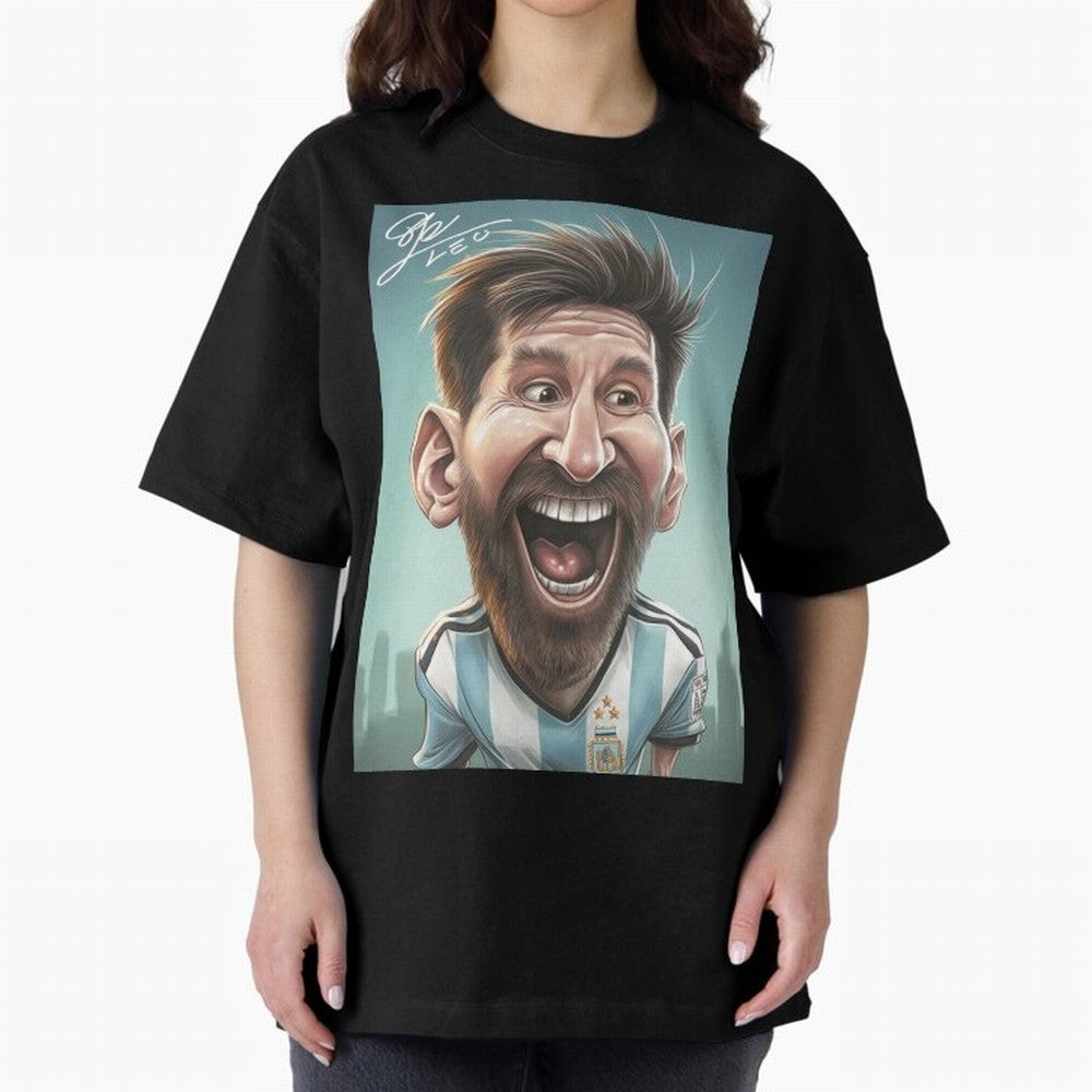 Lionel Messi Caricature Art with Autograph Oversized T-Shirt Celebrate Golden Goal Energy in FIFA World Cup 2026 USA Canada Mexico Capturing Cristiano Ronaldo, Haaland and CR7, Argentina, France and Brazil Energy, Match Day Excitement, Supporter