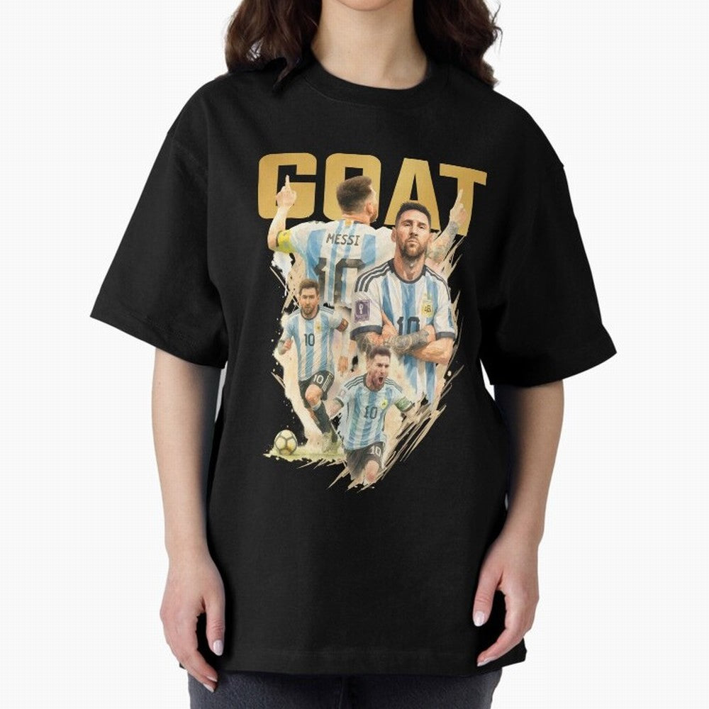 GOAT Lionel Messi watercolor illustration Oversized T-Shirt Represent the Passion of FIFA World Cup 2026 Group Stage for Fans of Messi and Cristiano Ronaldo and Argentina and Brazil, Bringing Worldwide Fan Energy, Dramatic Goals, Stadium Lights and