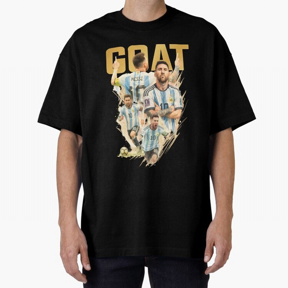 GOAT Lionel Messi watercolor illustration Oversized T-Shirt Represent the Passion of FIFA World Cup 2026 Group Stage for Fans of Messi and Cristiano Ronaldo and Argentina and Brazil, Bringing Worldwide Fan Energy, Dramatic Goals, Stadium Lights and
