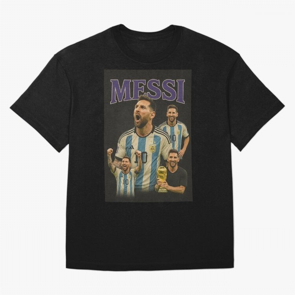 Lionel Messi Retro T-Shirt | 90s Football GOAT Collage Tee Boxy T-Shirt Bring Global Tournament Vibes to Match Day Hype around FIFA World Cup 2026 USA Canada Mexico, Messi, CR7 and Mbappe, Argentina, Football Festival Excitement, Trophy Ambitions,