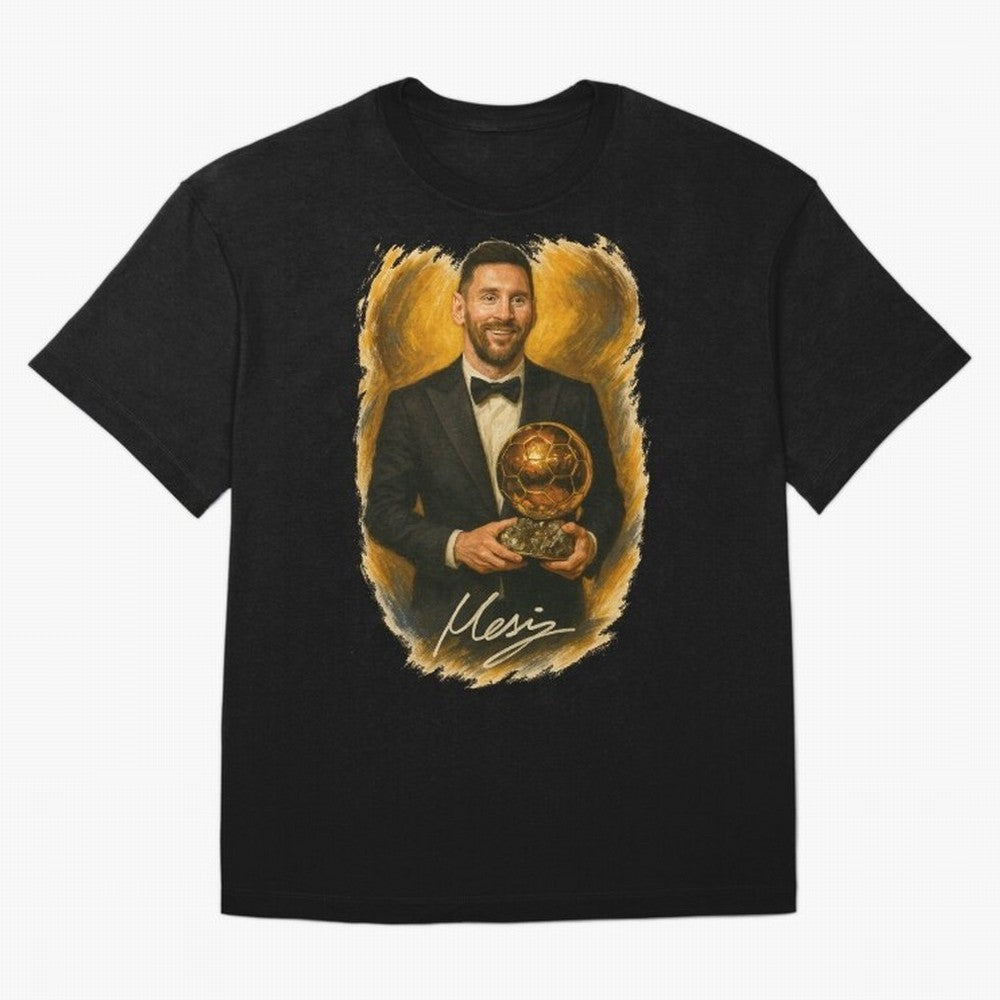 Lionel Messi Ballon d'Or Portrait ¨C Football Legend in Tuxedo Holding Trophy Classic T-Shirt Show Fan Pride Across the FIFA World Cup 2026 USA Canada Mexico Journey through Messi and Cristiano Ronaldo Highlights, England Pride, Global Supporter