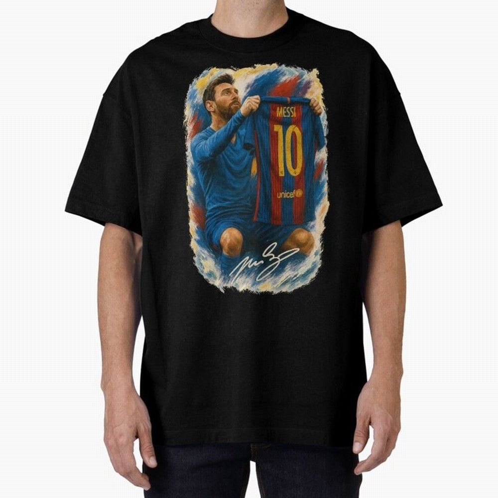 Messi Shirt Celebration Poster ¨C Iconic FC Barcelona Number 10 Artwork Oversized T-Shirt Honor Football Greatness during FIFA World Cup 2026 USA Canada Mexico Connected to Messi and Cristiano Ronaldo, Spain and Netherlands Energy, Football