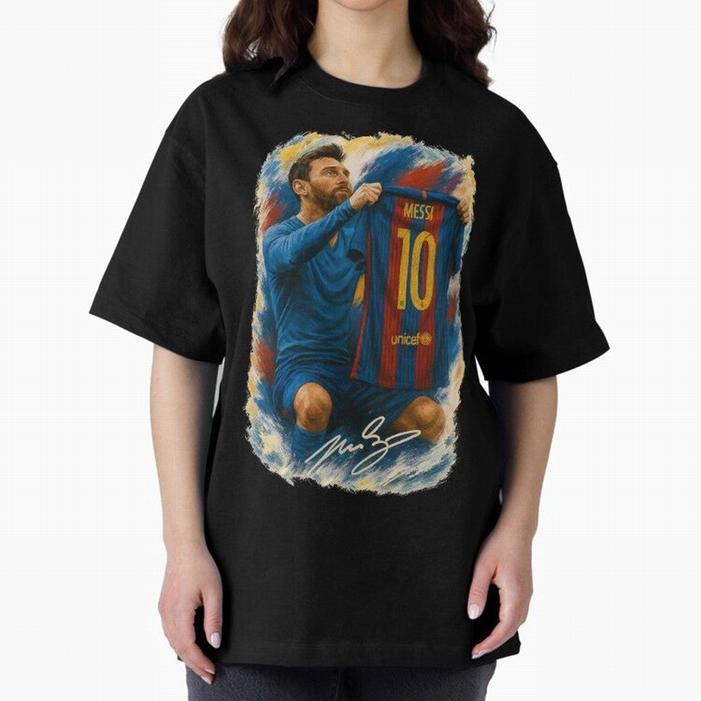 Messi Shirt Celebration Poster ¨C Iconic FC Barcelona Number 10 Artwork Oversized T-Shirt Honor Football Greatness during FIFA World Cup 2026 USA Canada Mexico Connected to Messi and Cristiano Ronaldo, Spain and Netherlands Energy, Football