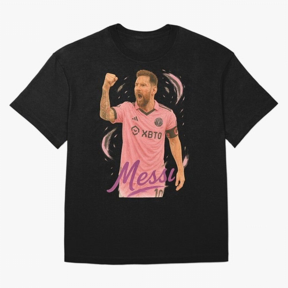 Lionel Messi Inter Miami Art ¨C Pink Jersey Football Icon Tribute	 Oversized T-Shirt Celebrate the Next Chapter of FIFA World Cup 2026 Group Stage Connected to Messi, CR7 and Mbappe, Spain and Netherlands Energy, Worldwide Fan Energy, Dramatic