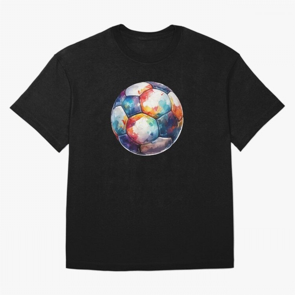 Football Soccer Ball Watercolor Illustration Drawing (Black BG) Oversized T-Shirt Celebrate the Stars of FIFA World Cup 2026 for Fans of Haaland and Spain, Bringing Match Day Excitement, Supporter Culture, Golden Goals and Global Football Passion;