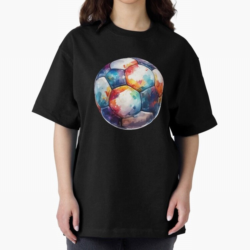 Football Soccer Ball Watercolor Illustration Drawing (Black BG) Oversized T-Shirt Celebrate the Stars of FIFA World Cup 2026 for Fans of Haaland and Spain, Bringing Match Day Excitement, Supporter Culture, Golden Goals and Global Football Passion;