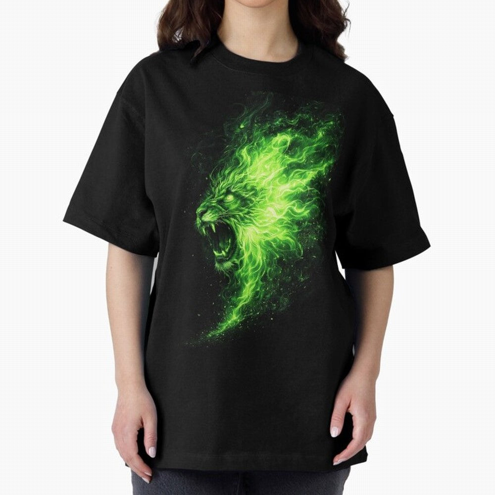 Neon Green Flame Lion ¨C Glowing Fire Roar Beast Graphic | Dark Aesthetic Streetwear Design Graphic T-Shirt Show Fan Pride Across Global Football Passion for FIFA World Cup 2026, Centered on Haaland, England, Retro Football Energy, Iconic