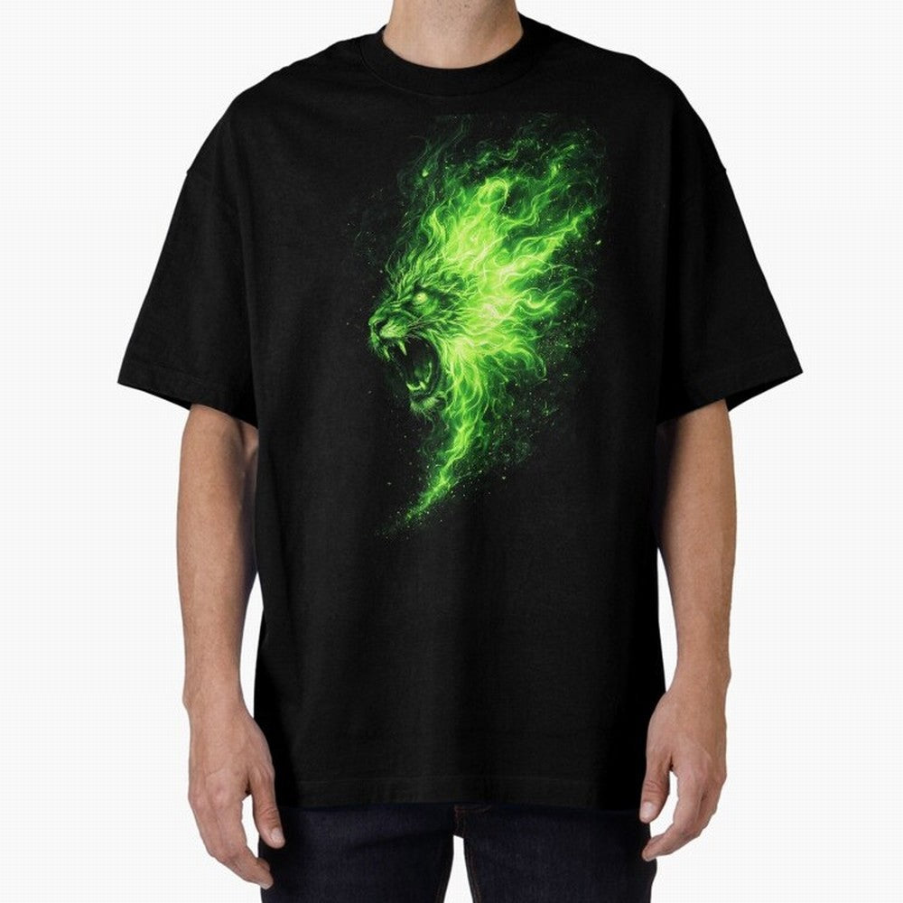 Neon Green Flame Lion ¨C Glowing Fire Roar Beast Graphic | Dark Aesthetic Streetwear Design Graphic T-Shirt Show Fan Pride Across Global Football Passion for FIFA World Cup 2026, Centered on Haaland, England, Retro Football Energy, Iconic