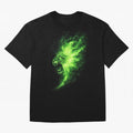 Neon Green Flame Lion ¨C Glowing Fire Roar Beast Graphic | Dark Aesthetic Streetwear Design Graphic T-Shirt Show Fan Pride Across Global Football Passion for FIFA World Cup 2026, Centered on Haaland, England, Retro Football Energy, Iconic