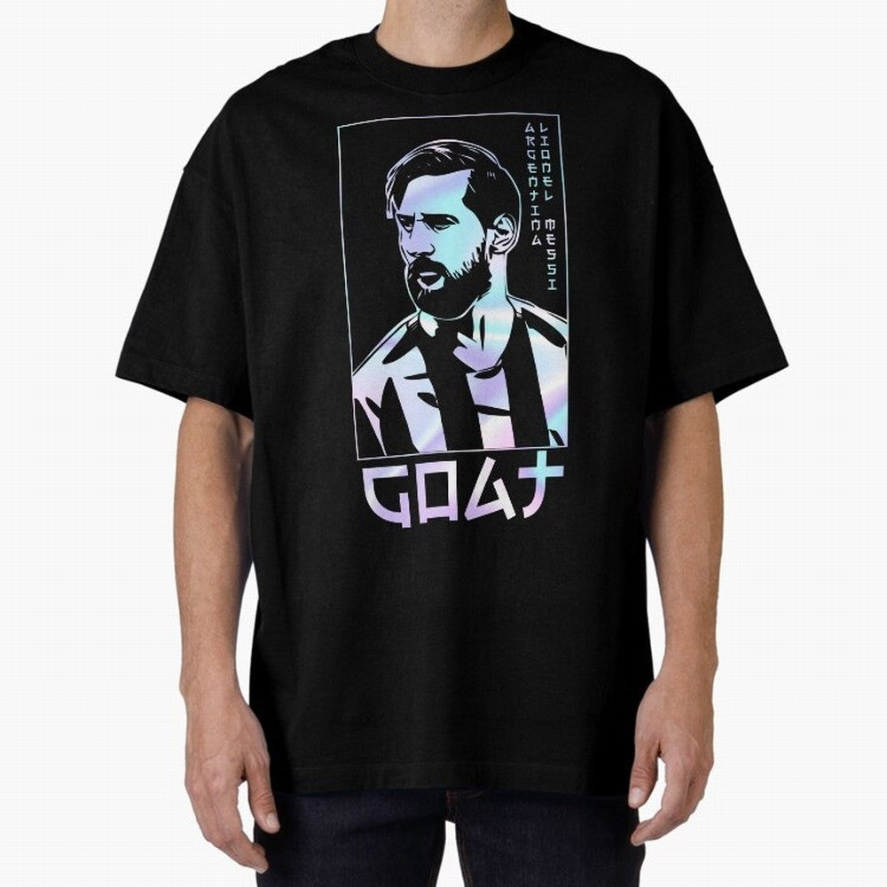 Lionel Messi Holographic Style Portrait art illustration Premium T-Shirt Live the Energy of FIFA World Cup 2026 USA Canada Mexico for Fans of Messi and Cristiano Ronaldo and France, Bringing Football Passion, Legendary Performances, Festival Vibes