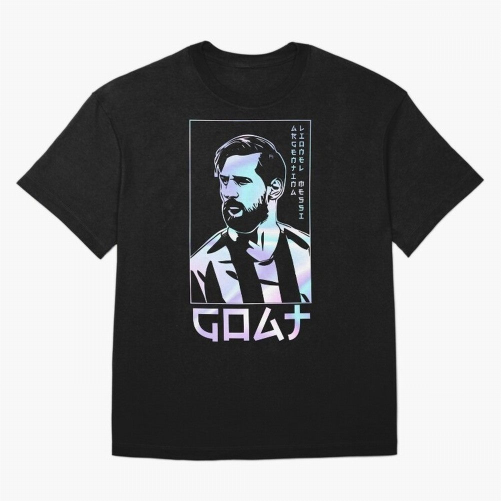 Lionel Messi Holographic Style Portrait art illustration Premium T-Shirt Live the Energy of FIFA World Cup 2026 USA Canada Mexico for Fans of Messi and Cristiano Ronaldo and France, Bringing Football Passion, Legendary Performances, Festival Vibes