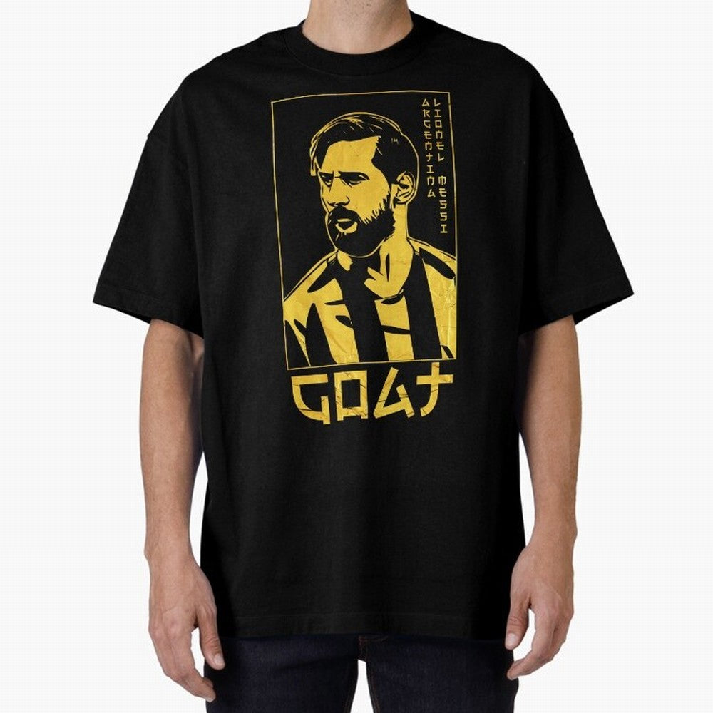 Lionel Messi Golden Style Portrait art illustration Premium T-Shirt Honor the Football Icons of FIFA World Cup 2026 for Fans of Mbappe and France, Bringing Match Day Excitement, Supporter Culture, Golden Goals and Global Football Passion; Ideal for