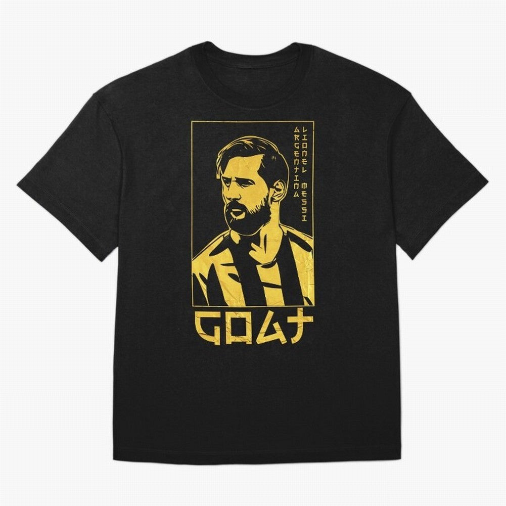 Lionel Messi Golden Style Portrait art illustration Premium T-Shirt Honor the Football Icons of FIFA World Cup 2026 for Fans of Mbappe and France, Bringing Match Day Excitement, Supporter Culture, Golden Goals and Global Football Passion; Ideal for