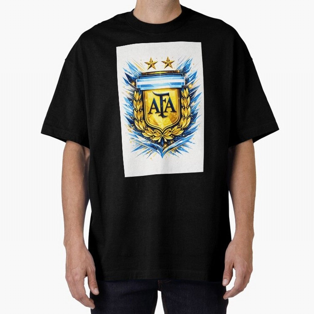 Argentina champions AFA crest gold blue soccer design Oversized T-Shirt Honor the Football Icons of Match Day Hype around FIFA World Cup 2026 Group Stage, Haaland and Mbappe, Argentina and Brazil, Vintage Soccer Flavor, Modern Football Stars,