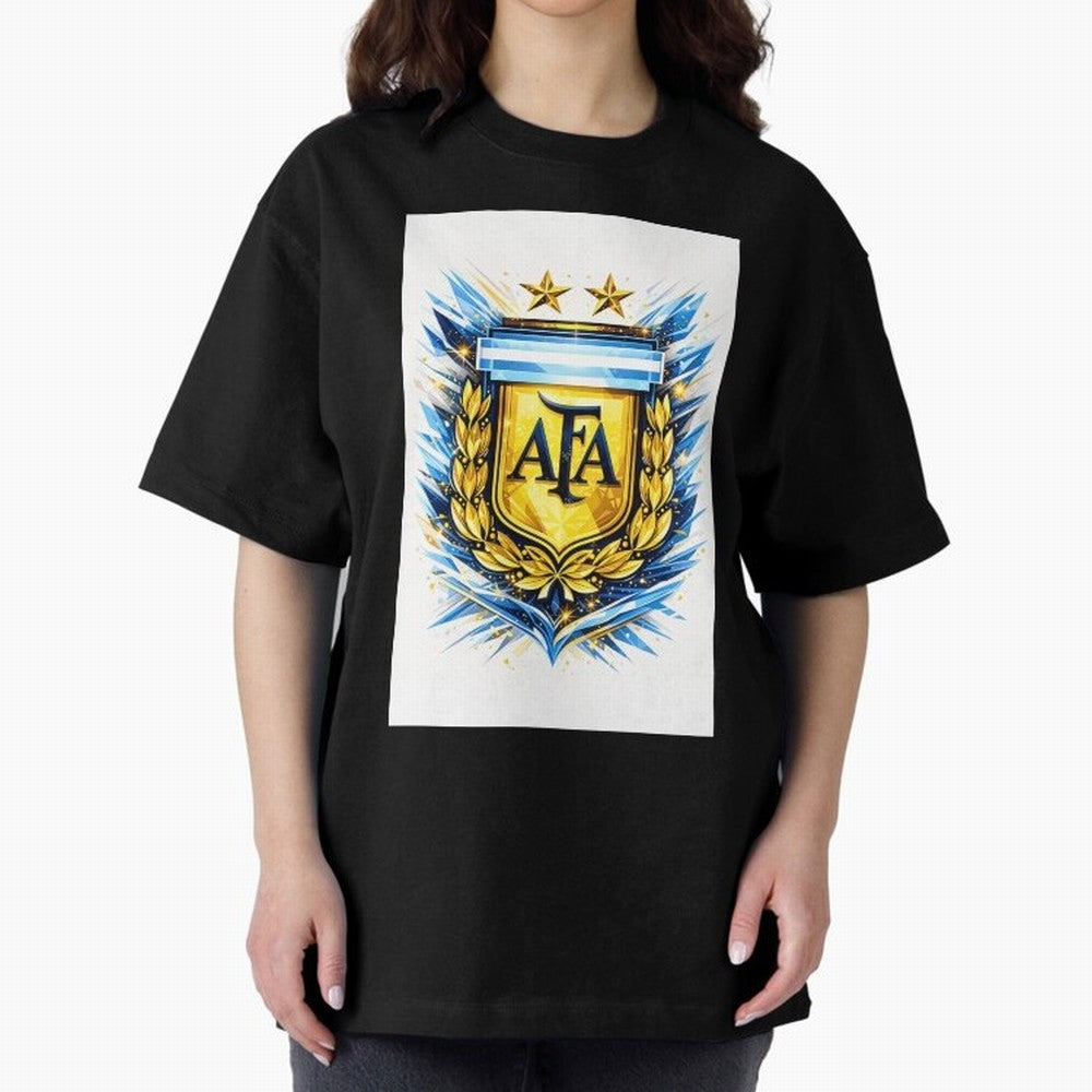 Argentina champions AFA crest gold blue soccer design Oversized T-Shirt Honor the Football Icons of Match Day Hype around FIFA World Cup 2026 Group Stage, Haaland and Mbappe, Argentina and Brazil, Vintage Soccer Flavor, Modern Football Stars,