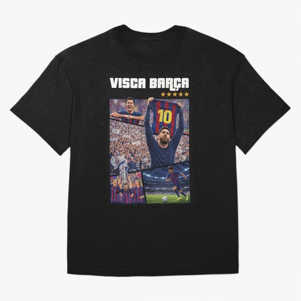 Visca Bar?a Legends Poster | Messi 10 FC Barcelona Art Oversized T-Shirt Spotlight the FIFA World Cup 2026 Group Stage Journey through Messi, Neymar and Mbappe Highlights, France Pride, Worldwide Fan Energy, Dramatic Goals, Stadium Lights and