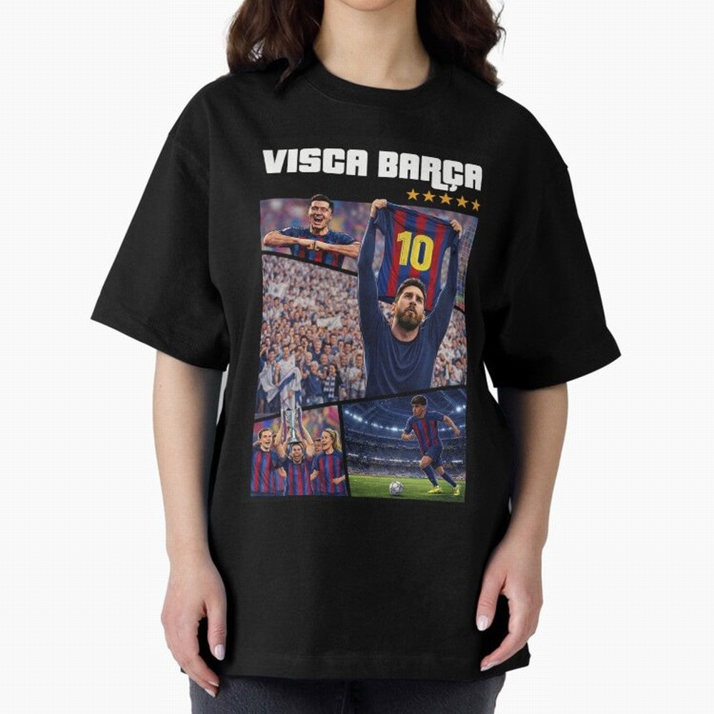 Visca Bar?a Legends Poster | Messi 10 FC Barcelona Art Oversized T-Shirt Spotlight the FIFA World Cup 2026 Group Stage Journey through Messi, Neymar and Mbappe Highlights, France Pride, Worldwide Fan Energy, Dramatic Goals, Stadium Lights and