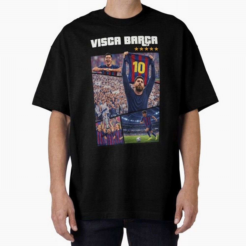 Visca Bar?a Legends Poster | Messi 10 FC Barcelona Art Oversized T-Shirt Spotlight the FIFA World Cup 2026 Group Stage Journey through Messi, Neymar and Mbappe Highlights, France Pride, Worldwide Fan Energy, Dramatic Goals, Stadium Lights and