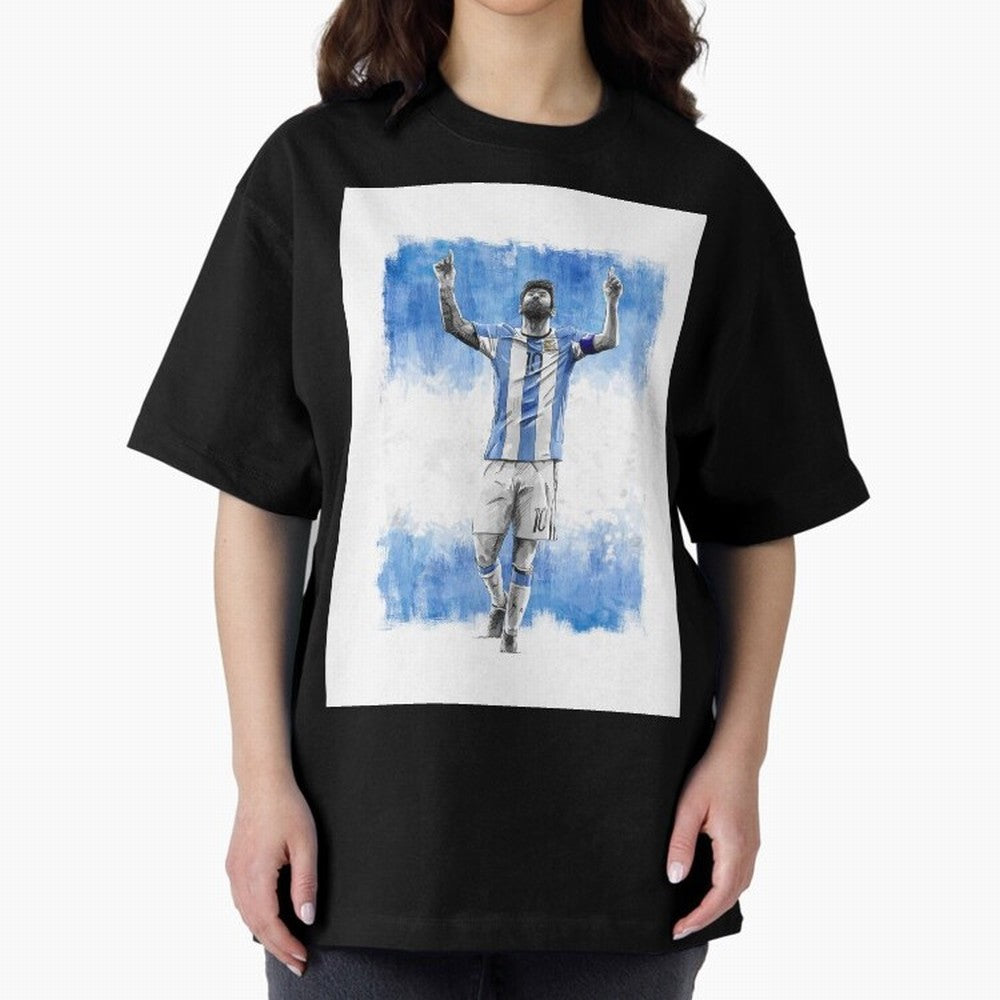 Messi Argentina Football Drawing Oversized T-Shirt Carry the Colors and Pride of Global Football Passion for FIFA World Cup 2026 USA Canada Mexico, Capturing Mbappe, Argentina, Fan Favorite Moments, National Team Passion, Big Match Drama and Soccer