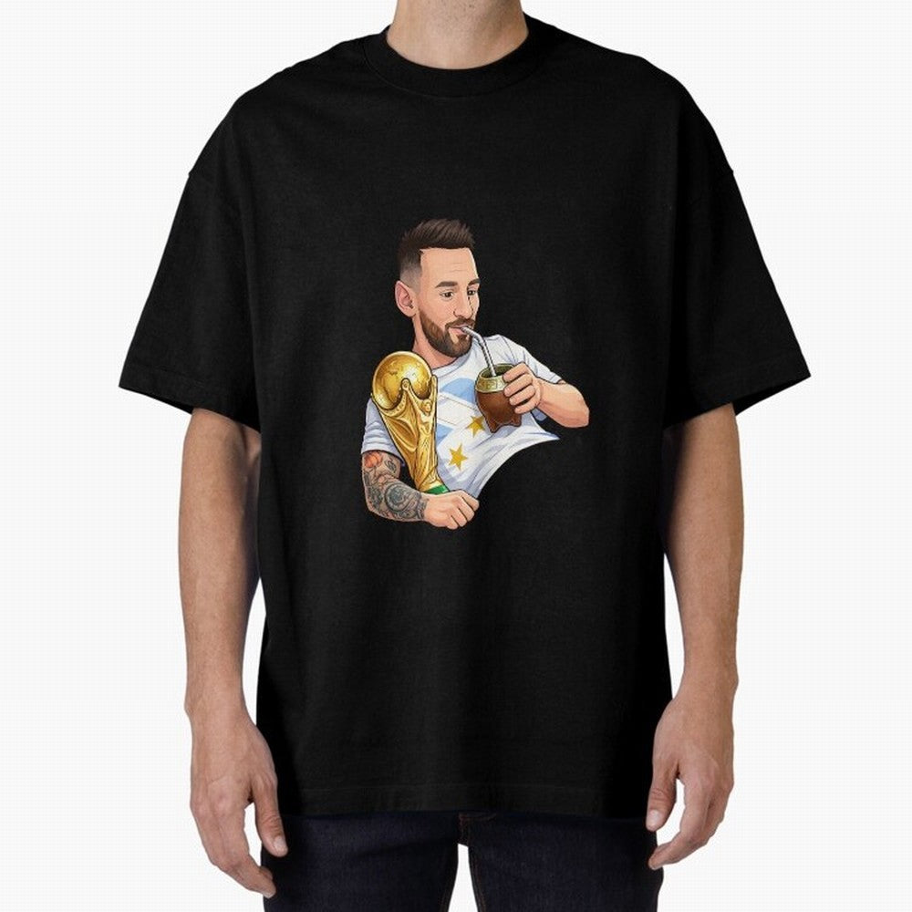 Messi drinking mate and his World Cup trophy Graphic T-Shirt Represent Global Football Passion for FIFA World Cup 2026 Group Stage, Inspired by Neymar, Spain, Championship Spirit, Famous Goals, Roaring Crowds and International Football Unity; Made
