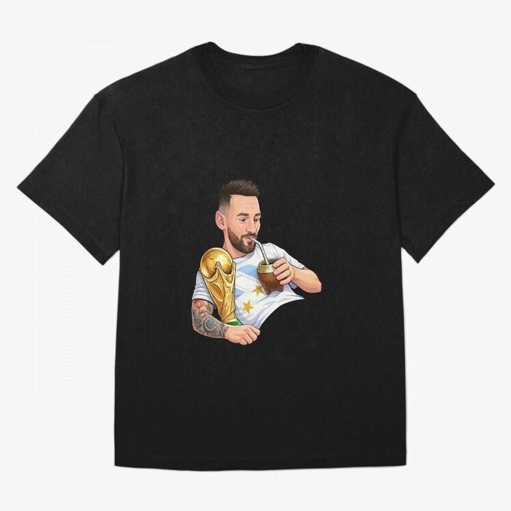 Messi drinking mate and his World Cup trophy Graphic T-Shirt Represent Global Football Passion for FIFA World Cup 2026 Group Stage, Inspired by Neymar, Spain, Championship Spirit, Famous Goals, Roaring Crowds and International Football Unity; Made