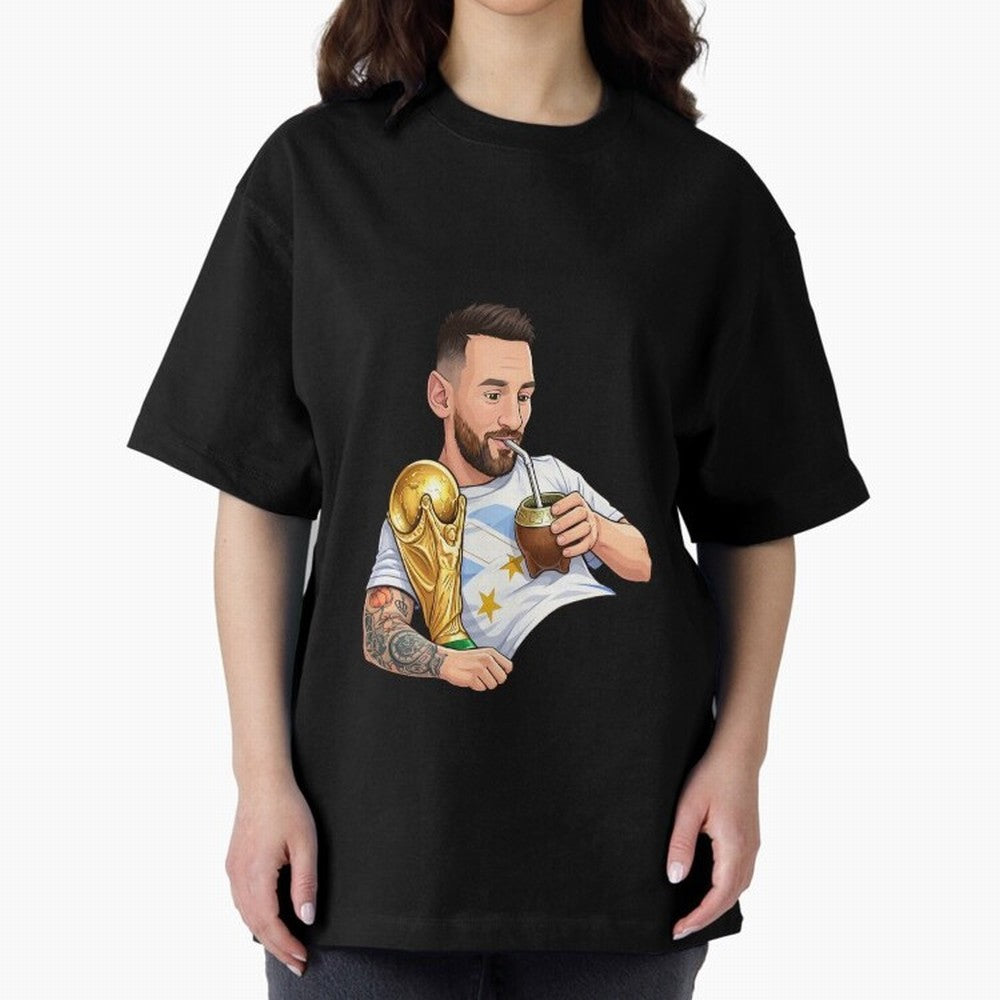 Messi drinking mate and his World Cup trophy Graphic T-Shirt Represent Global Football Passion for FIFA World Cup 2026 Group Stage, Inspired by Neymar, Spain, Championship Spirit, Famous Goals, Roaring Crowds and International Football Unity; Made