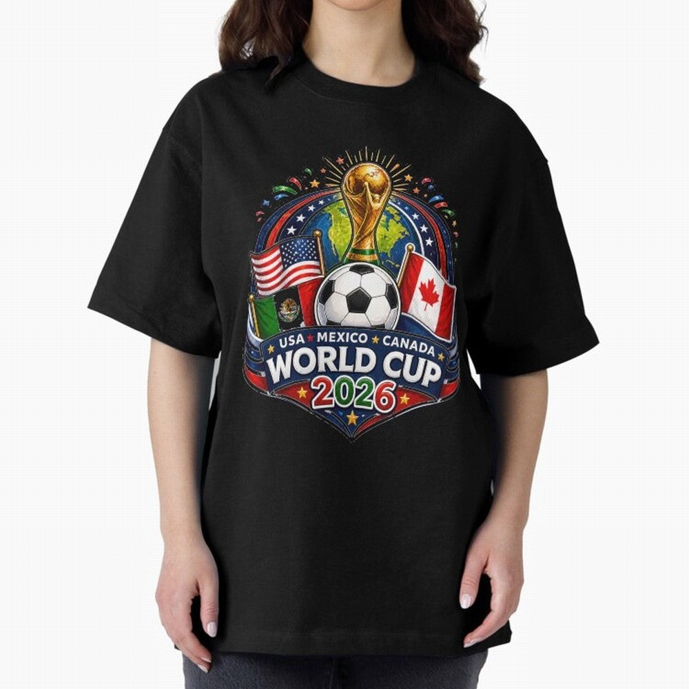 World Cup 2026 Sticker ¨C USA Mexico Canada Football Trophy Design Classic T-Shirt Represent FIFA World Cup 2026 Spirit, Inspired by Spain, Mbappe and Neymar, Match Day Excitement, Supporter Culture, Golden Goals and Global Football Passion; Built