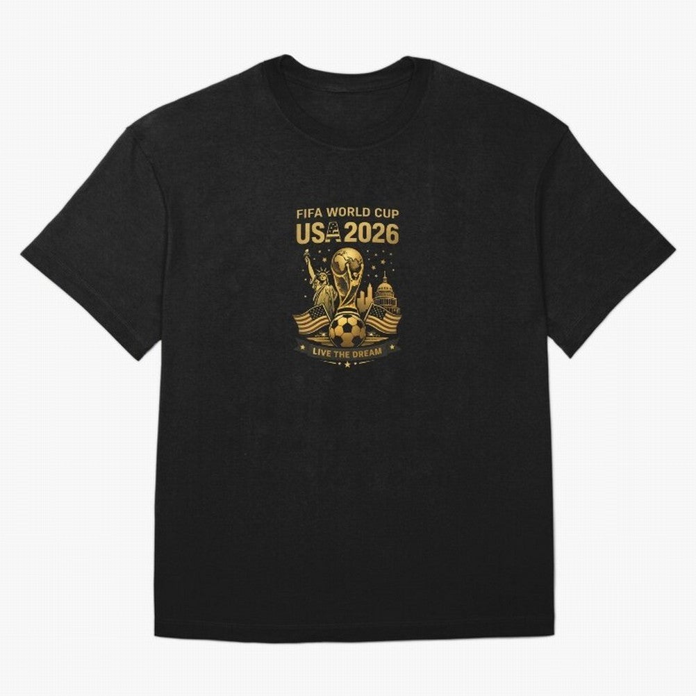 Fifa World Cup USA 2026 Gold Soccer Football Classic T-Shirt Capture FIFA World Cup 2026 with Messi and Cristiano Ronaldo, Portugal, Spain and Germany Energy, Football History, Final Match Energy, Crowd Noise and Once in a Lifetime Moments; Great
