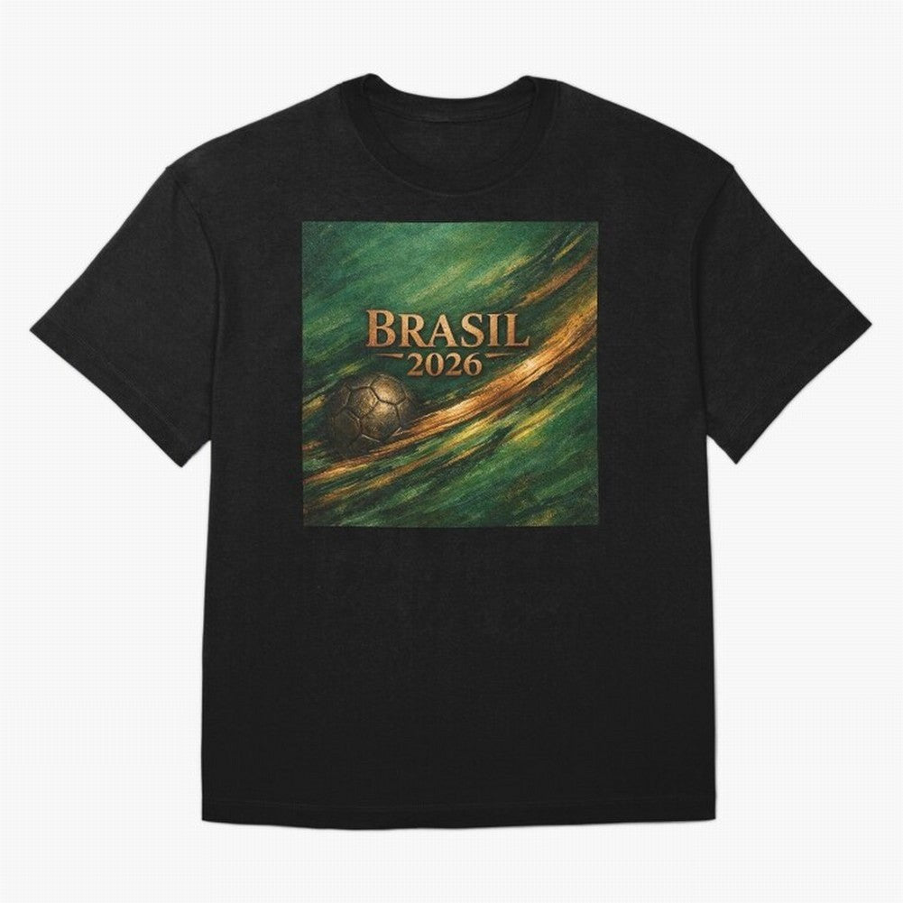 Brasil 2026 Soccer Theme Gold - Elegance Classic T-Shirt Support Iconic Players in Global Football Passion for FIFA World Cup 2026 USA Canada Mexico, with CR7, Brazil, Portugal and Argentina, Stadium Chants, National Pride, Trophy Dreams and