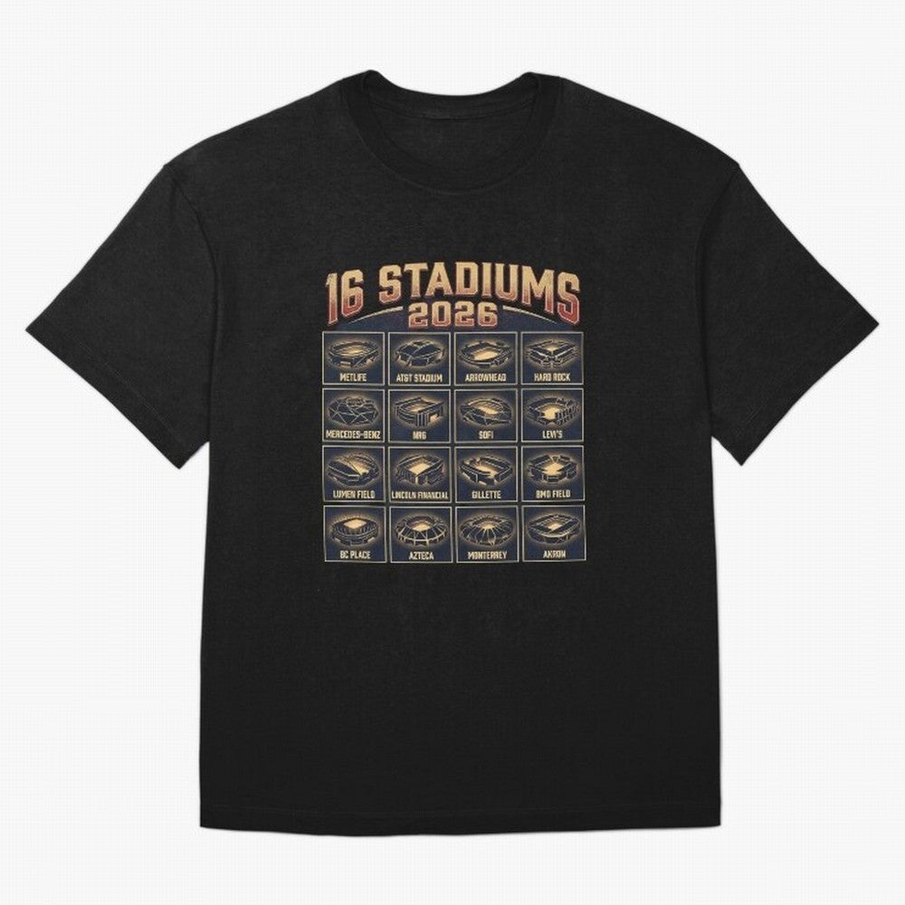 Sixteen Stadiums for 2026 World Cup Classic T-Shirt Honor the Football Icons of Match Day Hype around FIFA World Cup 2026 Group Stage, Mbappe and Neymar, Brazil, Portugal and Argentina, Goal Celebration Energy, Supporter Heritage, Football Icons