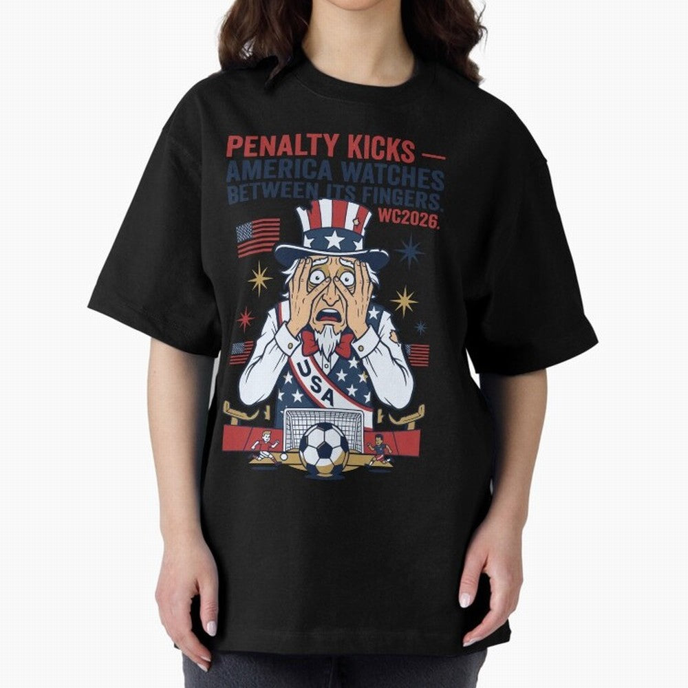 Penalty Kicks ¡ª America Watches Between Its Fingers V1 Classic T-Shirt Celebrate Unforgettable Nights in Match Day Hype around FIFA World Cup 2026, Mbappe, Argentina, Global Supporter Spirit, Legendary Goals, National Colors and Tournament