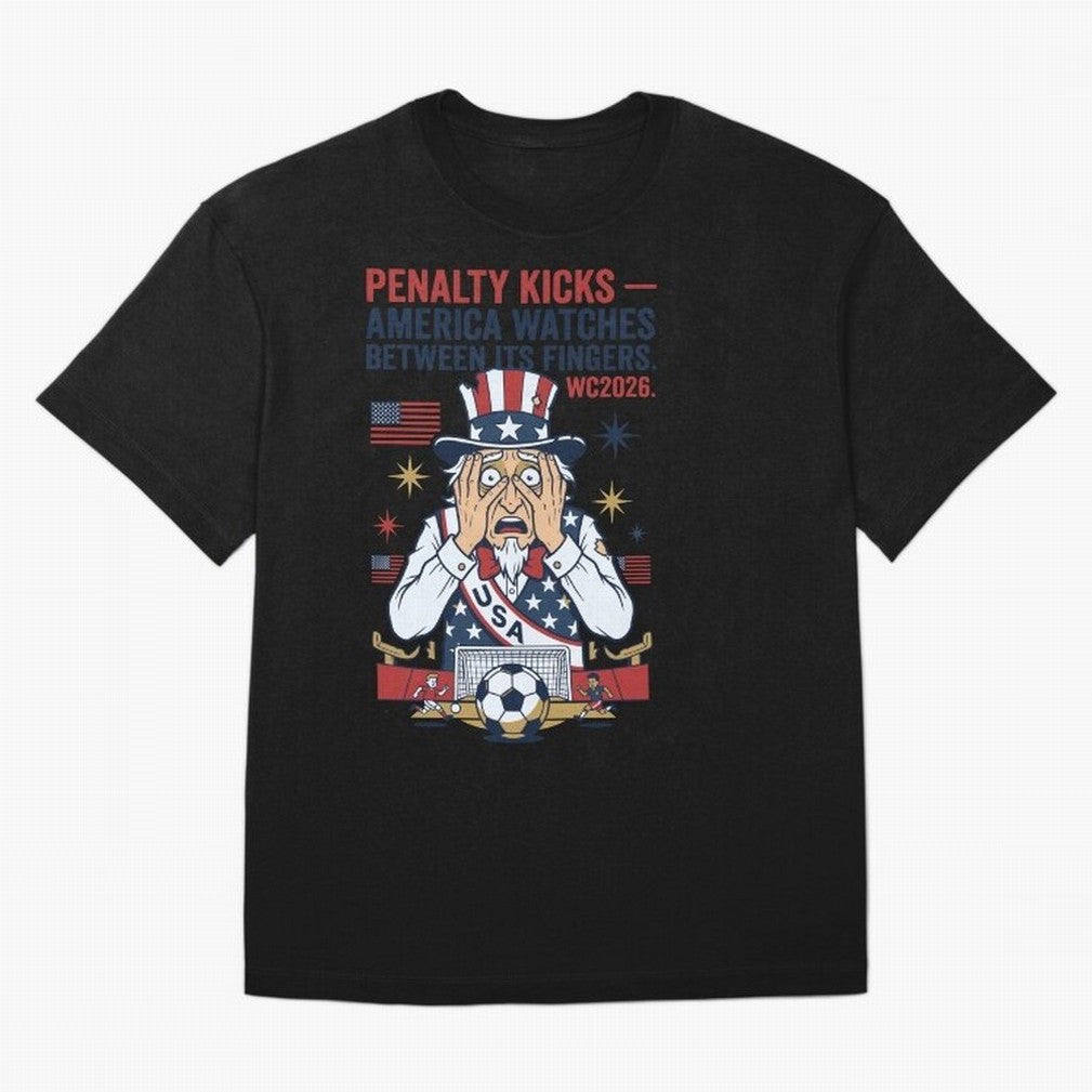 Penalty Kicks ¡ª America Watches Between Its Fingers V1 Classic T-Shirt Celebrate Unforgettable Nights in Match Day Hype around FIFA World Cup 2026, Mbappe, Argentina, Global Supporter Spirit, Legendary Goals, National Colors and Tournament