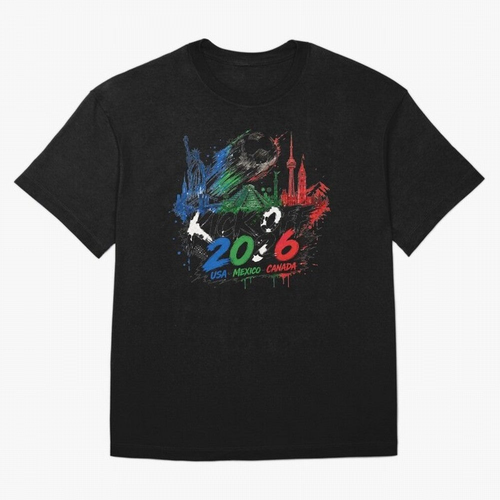 Kick Off 2026 USA Mexico Canada Soccer Graphic Classic T-Shirt Stand with Global Football Passion for FIFA World Cup 2026 Group Stage, Driven by Mbappe and Neymar, Argentina, Championship Spirit, Famous Goals, Roaring Crowds and International
