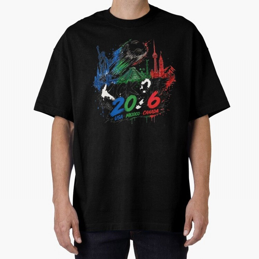 Kick Off 2026 USA Mexico Canada Soccer Graphic Classic T-Shirt Stand with Global Football Passion for FIFA World Cup 2026 Group Stage, Driven by Mbappe and Neymar, Argentina, Championship Spirit, Famous Goals, Roaring Crowds and International