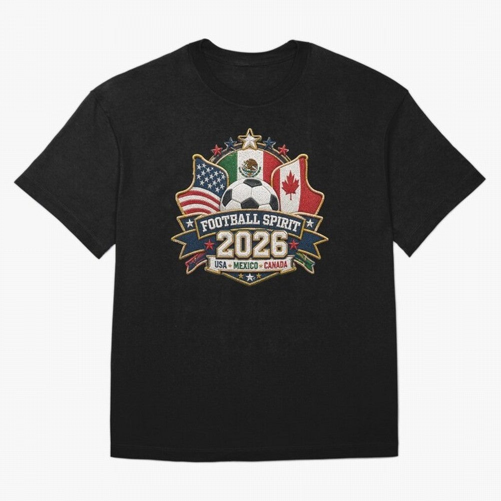 Football Spirit 2026 USA Mexico Canada Patch Design Classic T-Shirt Elevate the FIFA World Cup 2026 Group Stage Journey through Messi, Neymar and Mbappe Highlights, England Pride, Retro Football Energy, Iconic Rivalries, Trophy Chase Drama and