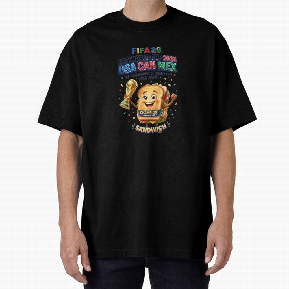 Cartoon Sandwich Champion Holding 2026 World Cup Trophy Classic T-Shirt Bring a Champion Mindset to Match Day Hype around FIFA World Cup 2026, Messi, CR7 and Mbappe, Brazil, Champion Mindset, Group Stage Buzz, Knockout Tension and Passionate Fan