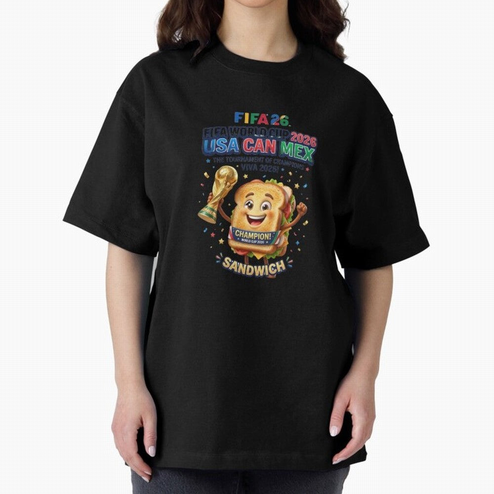 Cartoon Sandwich Champion Holding 2026 World Cup Trophy Classic T-Shirt Bring a Champion Mindset to Match Day Hype around FIFA World Cup 2026, Messi, CR7 and Mbappe, Brazil, Champion Mindset, Group Stage Buzz, Knockout Tension and Passionate Fan