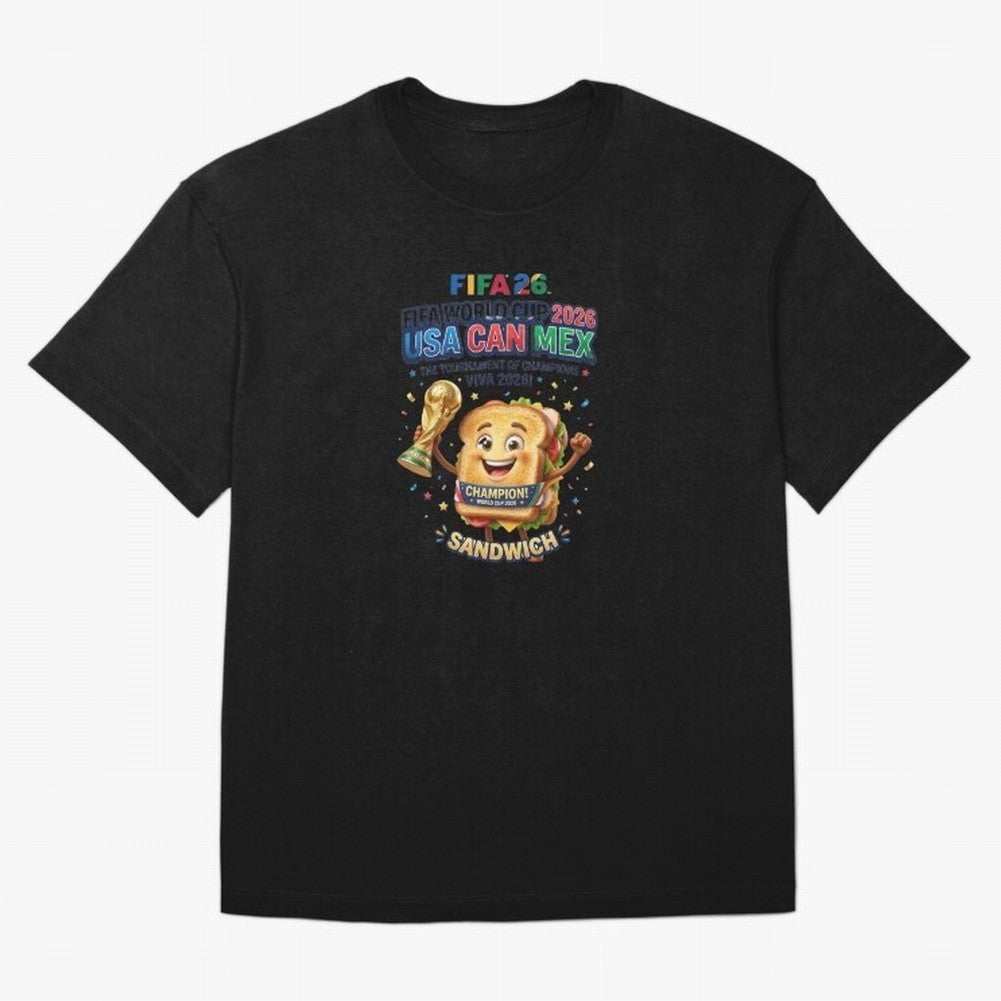 Cartoon Sandwich Champion Holding 2026 World Cup Trophy Classic T-Shirt Bring a Champion Mindset to Match Day Hype around FIFA World Cup 2026, Messi, CR7 and Mbappe, Brazil, Champion Mindset, Group Stage Buzz, Knockout Tension and Passionate Fan