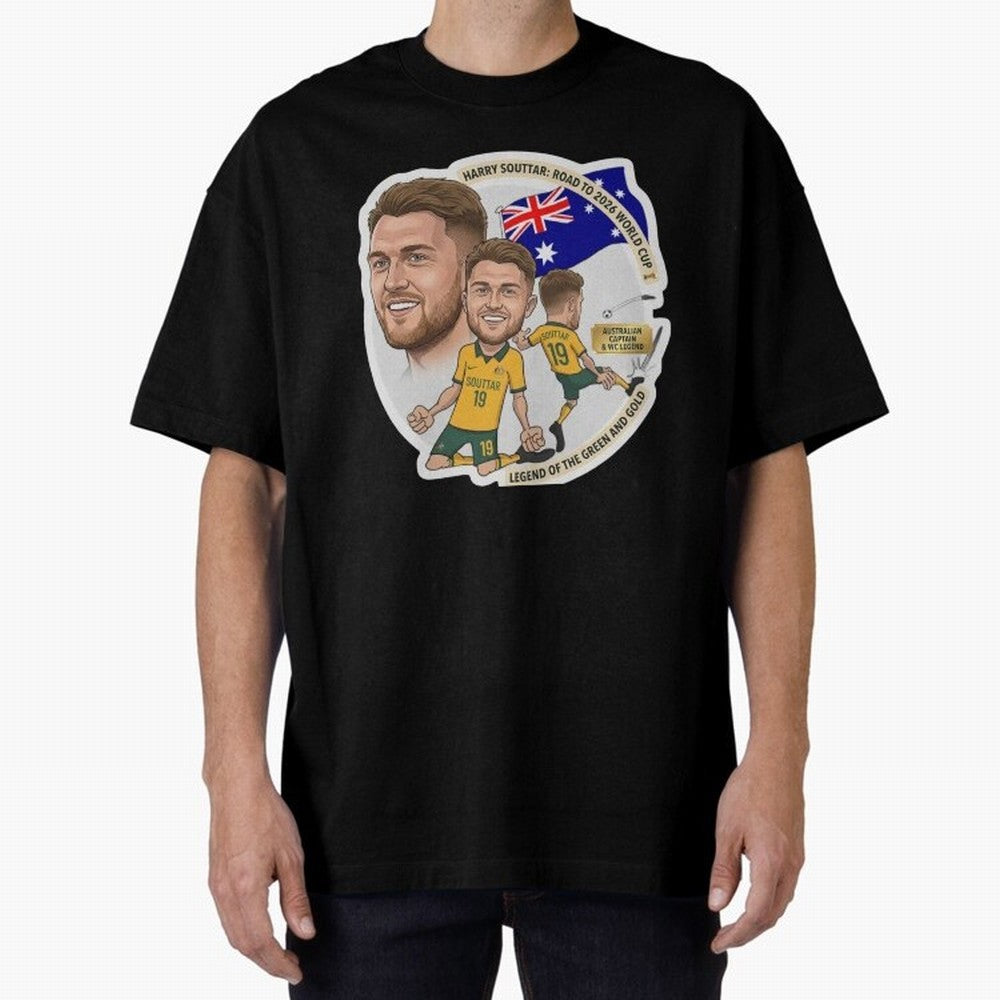 Harry Souttar Australia Football Legend Cartoon Illustration Classic T-Shirt Carry the Colors and Pride of Global Football Passion for FIFA World Cup 2026 Group Stage, with Messi, Neymar and Mbappe, England and Germany, Classic Soccer Heritage,