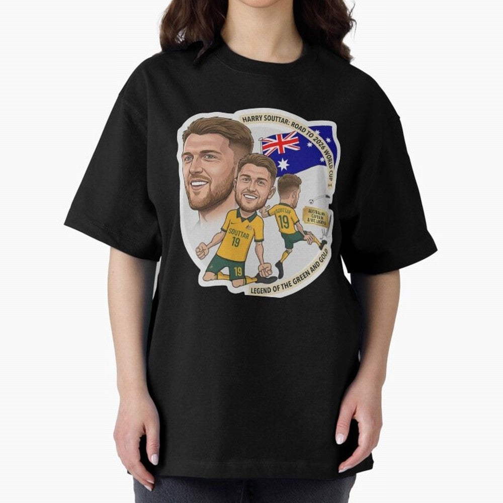 Harry Souttar Australia Football Legend Cartoon Illustration Classic T-Shirt Carry the Colors and Pride of Global Football Passion for FIFA World Cup 2026 Group Stage, with Messi, Neymar and Mbappe, England and Germany, Classic Soccer Heritage,