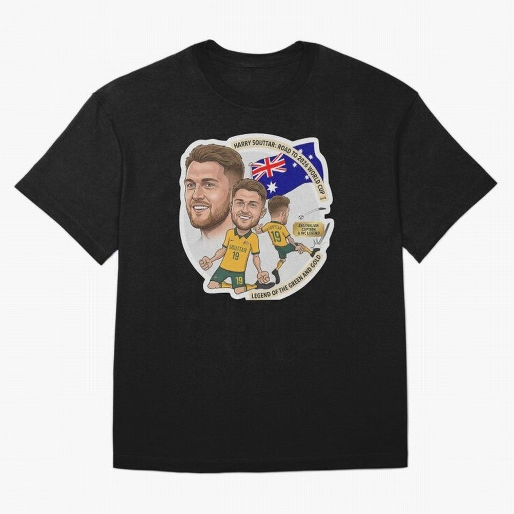 Harry Souttar Australia Football Legend Cartoon Illustration Classic T-Shirt Carry the Colors and Pride of Global Football Passion for FIFA World Cup 2026 Group Stage, with Messi, Neymar and Mbappe, England and Germany, Classic Soccer Heritage,