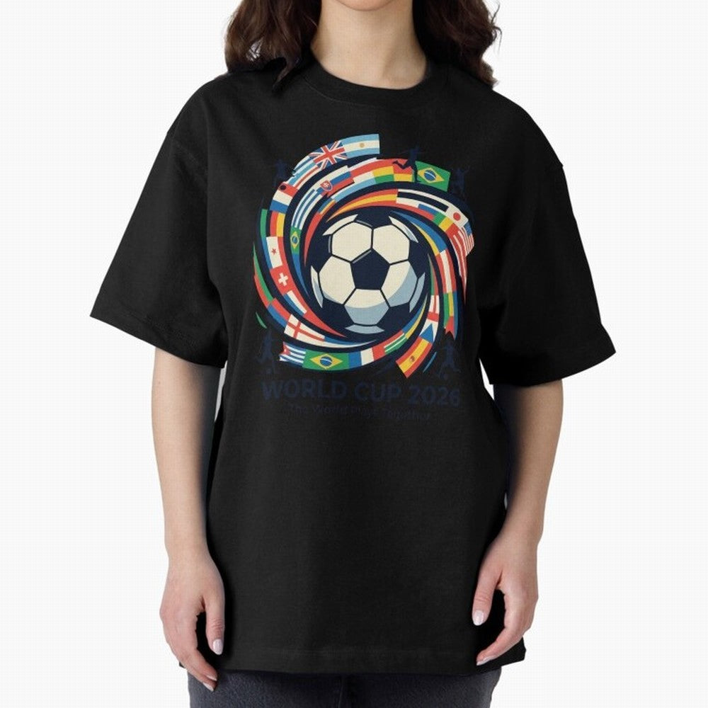 2D World Cup 2026 Football Spiral Flag Design T-Shirt Oversized T-Shirt Elevate FIFA World Cup 2026 Spirit, Connected to Germany, Messi and Cristiano Ronaldo, Worldwide Fan Energy, Dramatic Goals, Stadium Lights and Championship Celebrations; Great