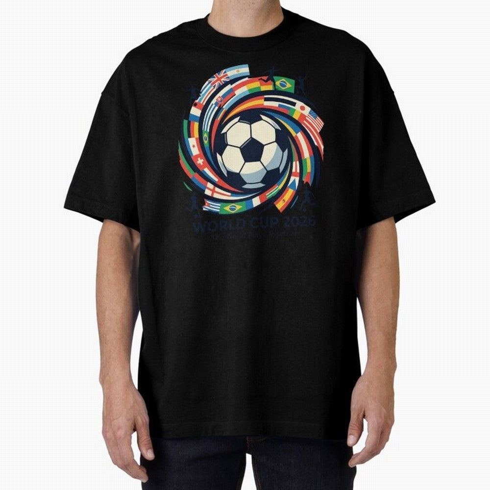 2D World Cup 2026 Football Spiral Flag Design T-Shirt Oversized T-Shirt Elevate FIFA World Cup 2026 Spirit, Connected to Germany, Messi and Cristiano Ronaldo, Worldwide Fan Energy, Dramatic Goals, Stadium Lights and Championship Celebrations; Great