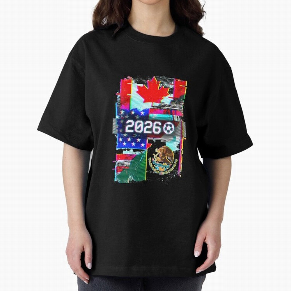 Glitched United 2026 - North America Tournament Emblem Oversized T-Shirt Elevate the FIFA World Cup 2026 Group Stage Journey through Messi, Neymar and Mbappe Highlights, Argentina Pride, Retro Football Energy, Iconic Rivalries, Trophy Chase Drama