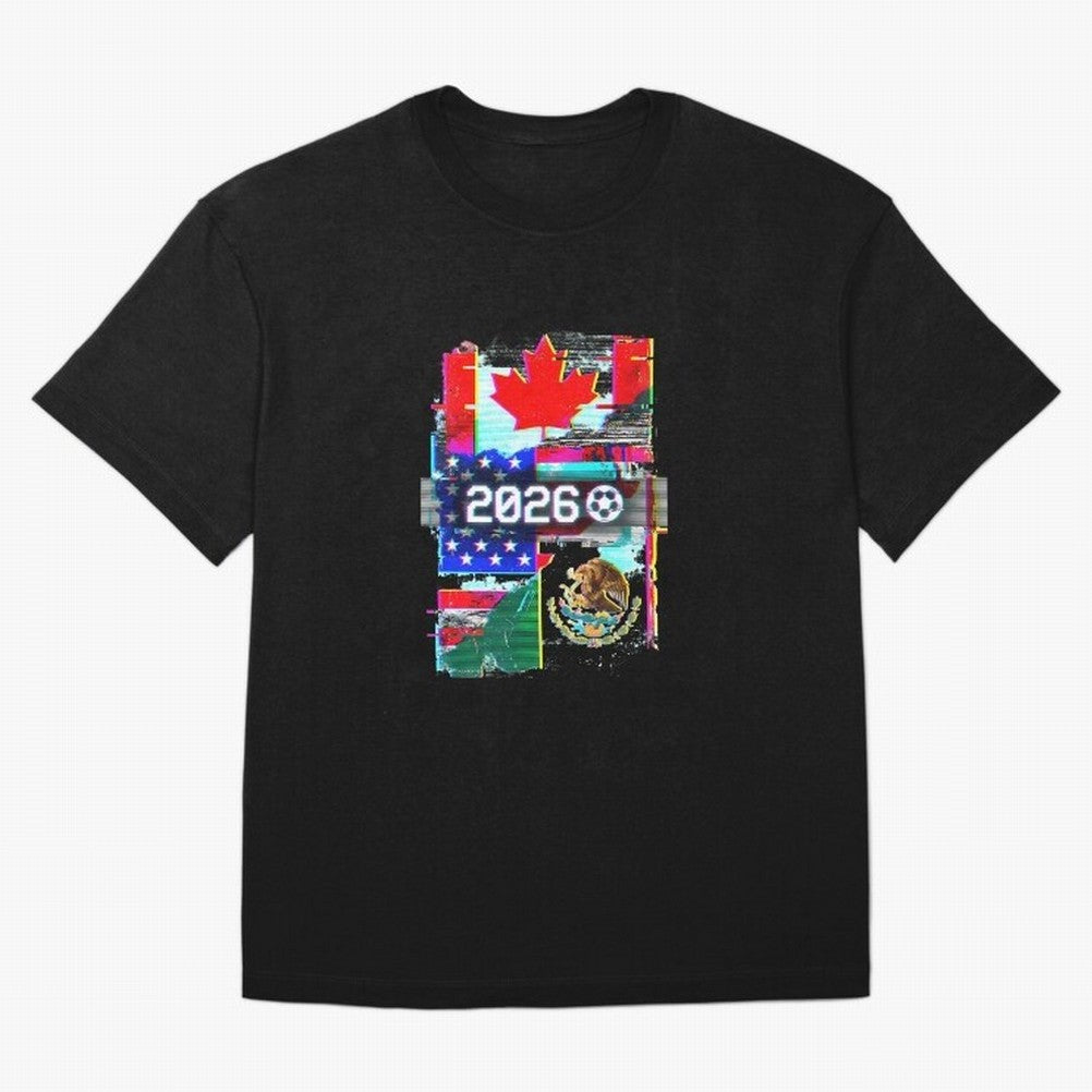 Glitched United 2026 - North America Tournament Emblem Oversized T-Shirt Elevate the FIFA World Cup 2026 Group Stage Journey through Messi, Neymar and Mbappe Highlights, Argentina Pride, Retro Football Energy, Iconic Rivalries, Trophy Chase Drama