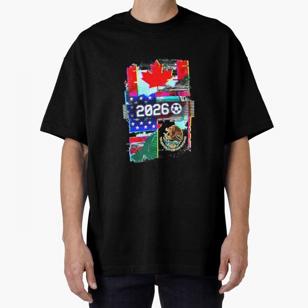 Glitched United 2026 - North America Tournament Emblem Oversized T-Shirt Elevate the FIFA World Cup 2026 Group Stage Journey through Messi, Neymar and Mbappe Highlights, Argentina Pride, Retro Football Energy, Iconic Rivalries, Trophy Chase Drama