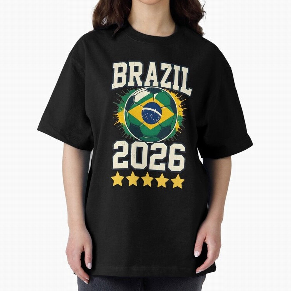 Brazil Soccer Football 2026 Oversized T-Shirt Support FIFA World Cup 2026 for Fans of Messi and Argentina and Brazil, Bringing Vintage Soccer Flavor, Modern Football Stars, National Flags and Final Night Emotion; Great for Supporters Who Love
