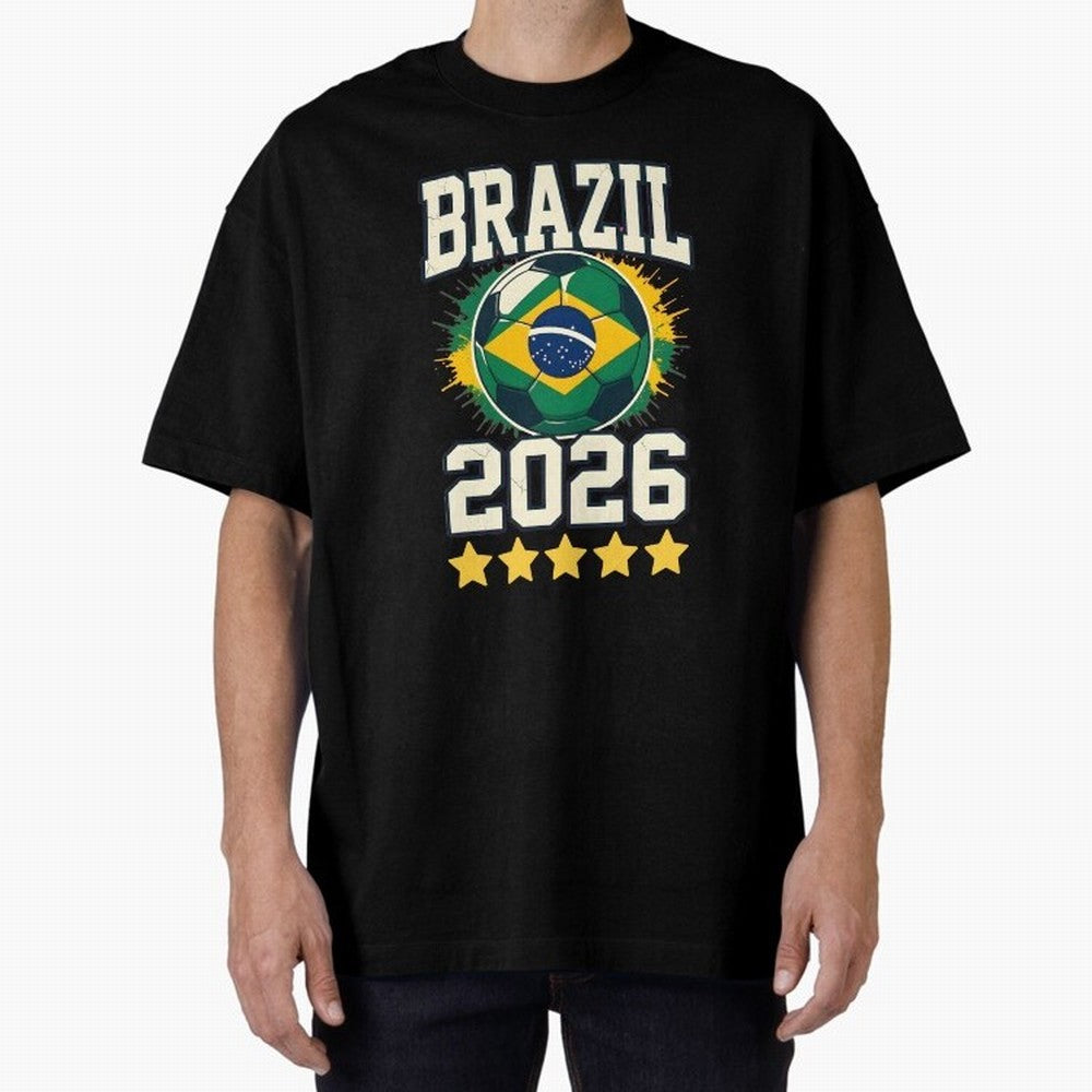 Brazil Soccer Football 2026 Oversized T-Shirt Support FIFA World Cup 2026 for Fans of Messi and Argentina and Brazil, Bringing Vintage Soccer Flavor, Modern Football Stars, National Flags and Final Night Emotion; Great for Supporters Who Love