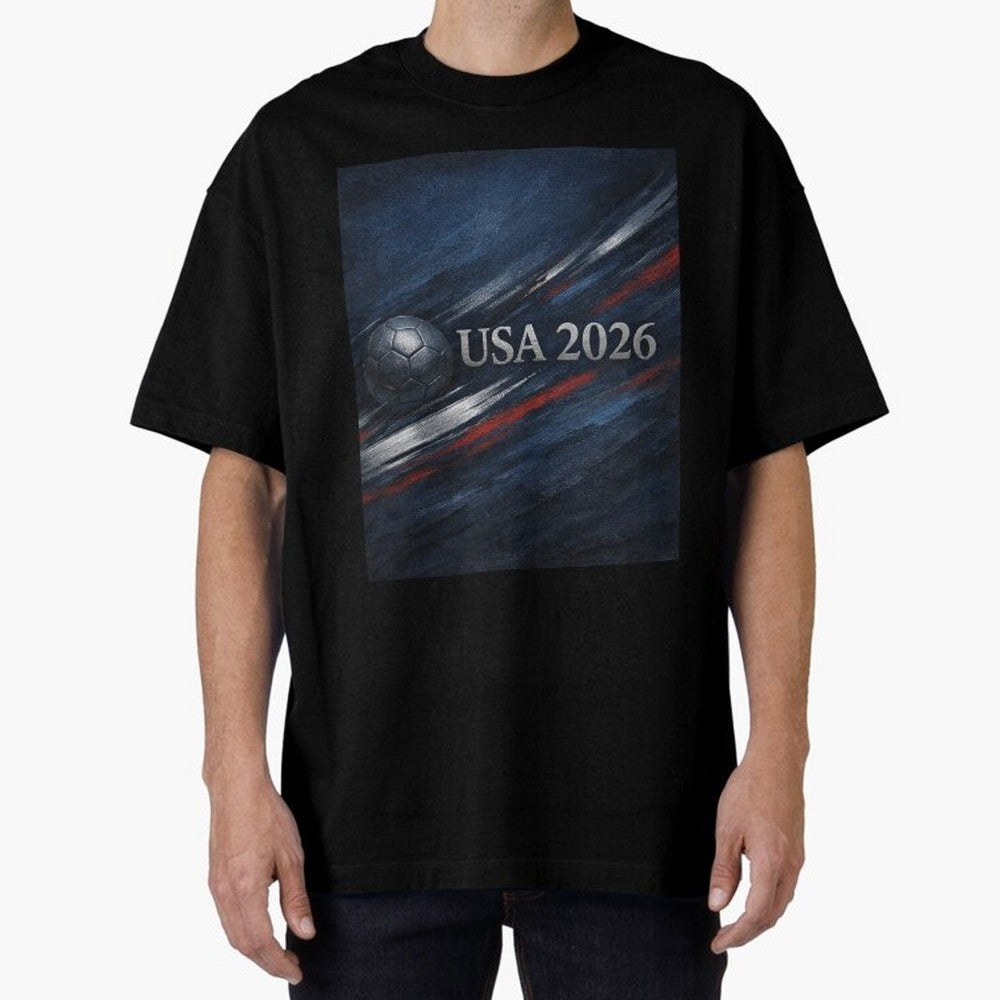 USA 2026 Soccer Design Inspired Oversized T-Shirt Mark FIFA World Cup 2026 USA Canada Mexico Spirit, Inspired by Brazil, Portugal and Argentina, Mbappe, Classic Soccer Heritage, Championship Pressure, Fan Loyalty and International Pride; Ideal for